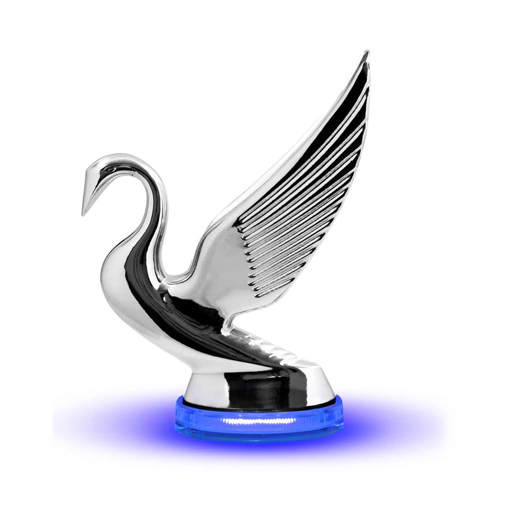 Modern Swan Hood Ornament with Blue LED with Clear Lens Glow Base