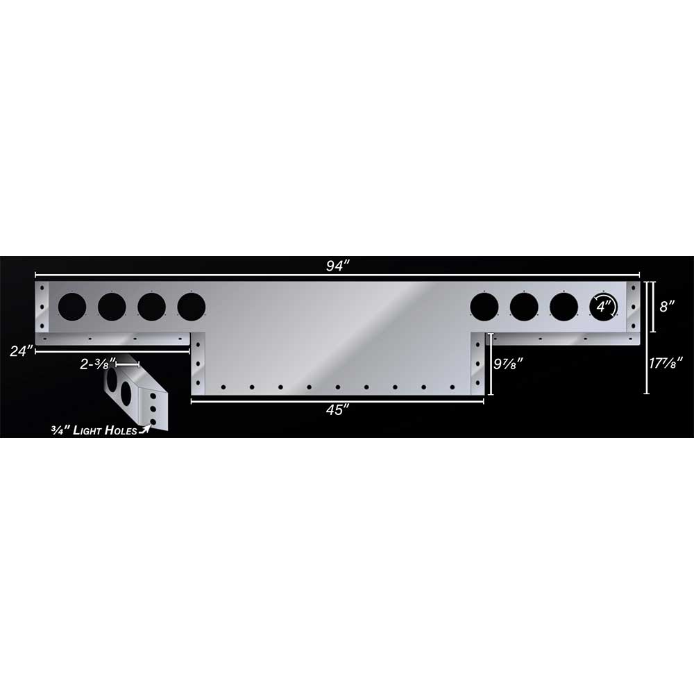 94" Stainless Steel Mitered T-bar with Eight 4" and Twenty-One 3/4" Light Holes