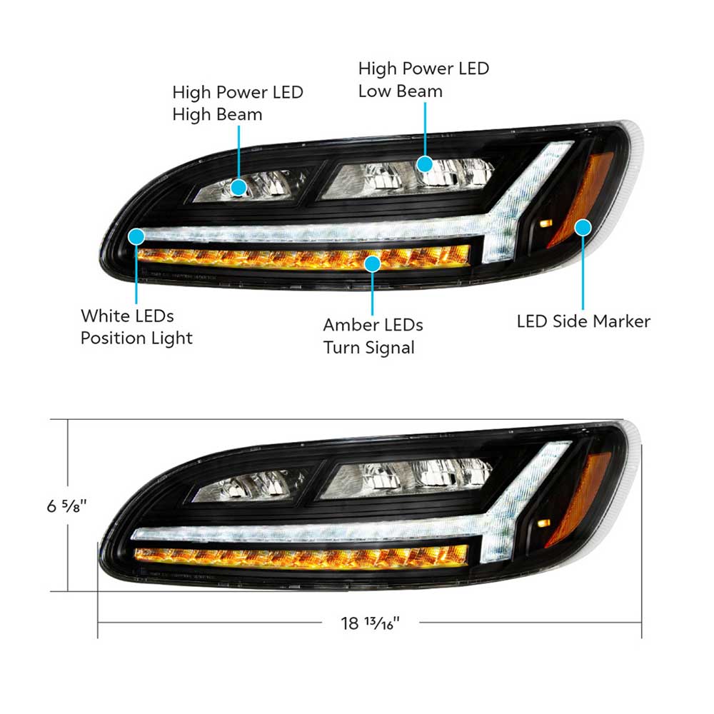 Peterbilt 330, 335, 337, 340, 348, 382, 384, 386, 387 LED Black Headlight - Driver Side