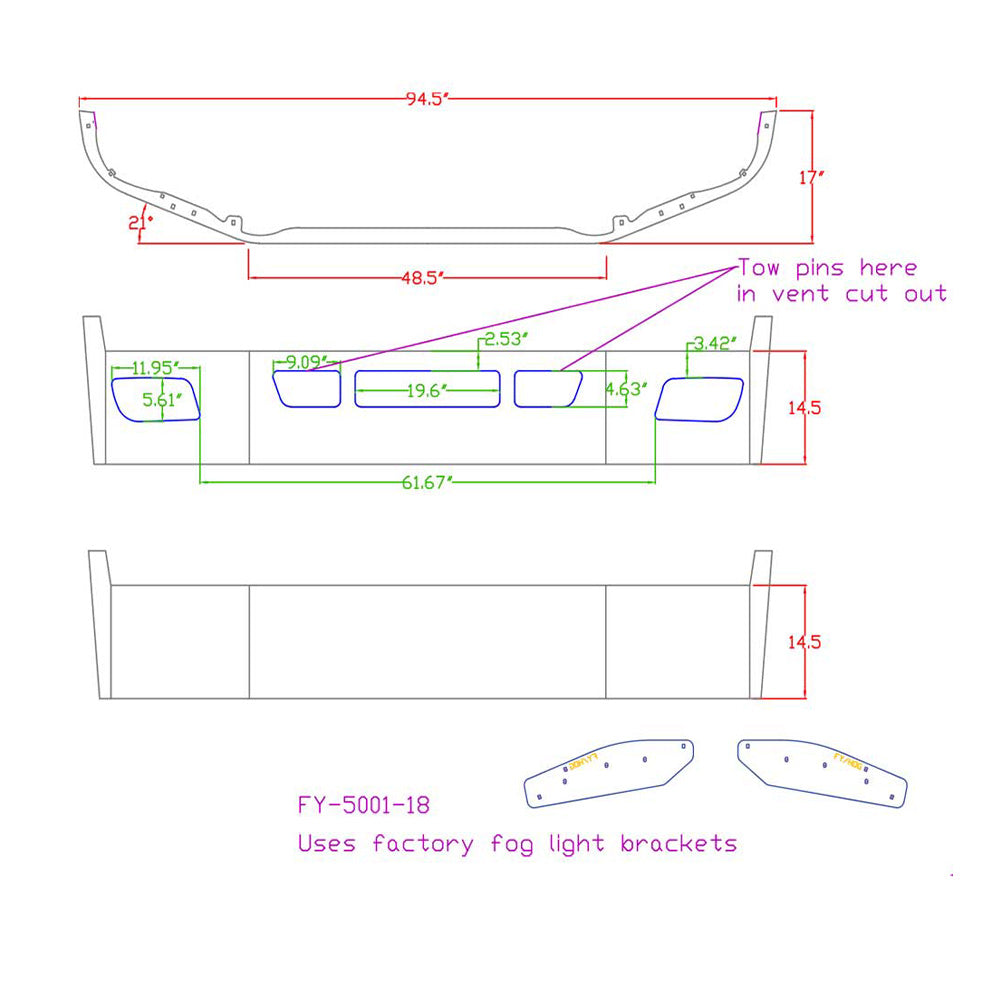 Kenworth T480, T280, T380 14" Chrome Bumper With Tow and Fog Cutouts