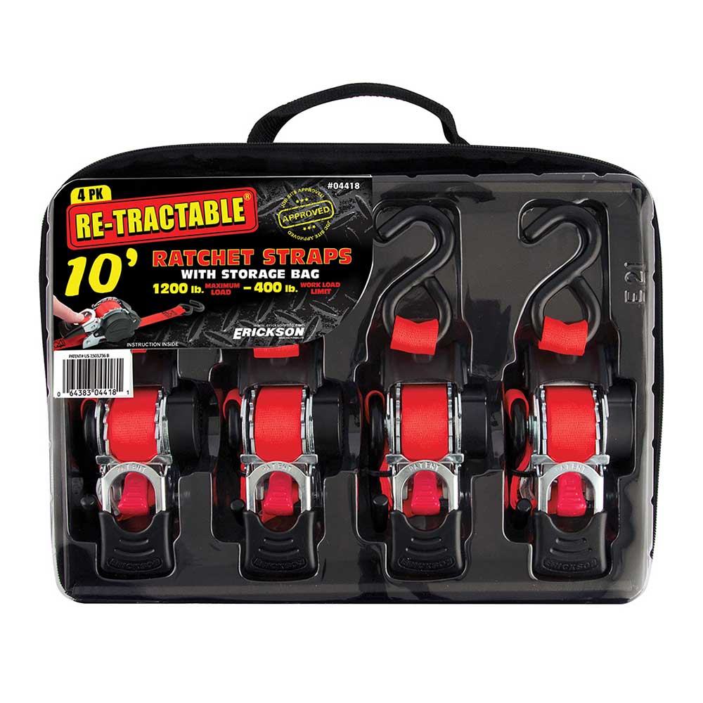 1"x 10' Four Pack of Retractable Rachet Strap in a Storage Bag