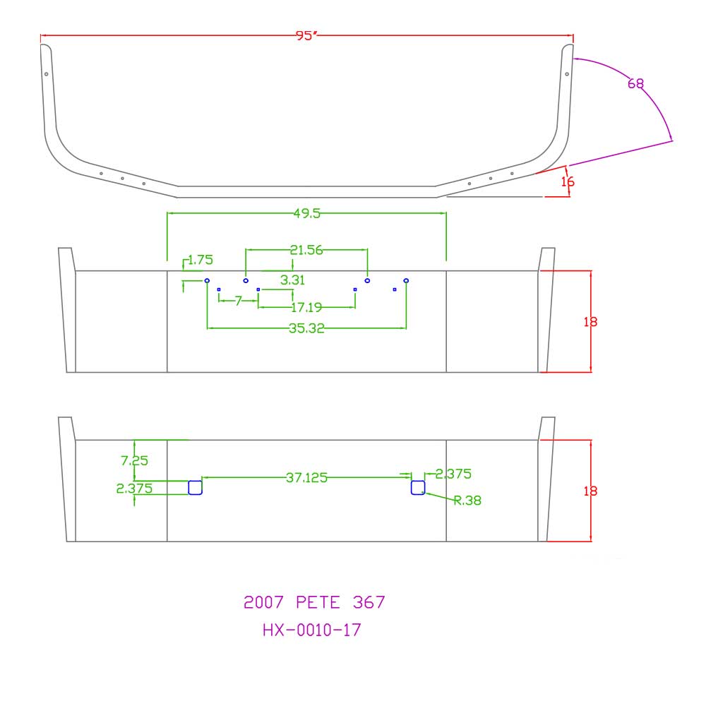 Peterbilt 367, 567 18" Set Back Axle Bumper with Tow Holes