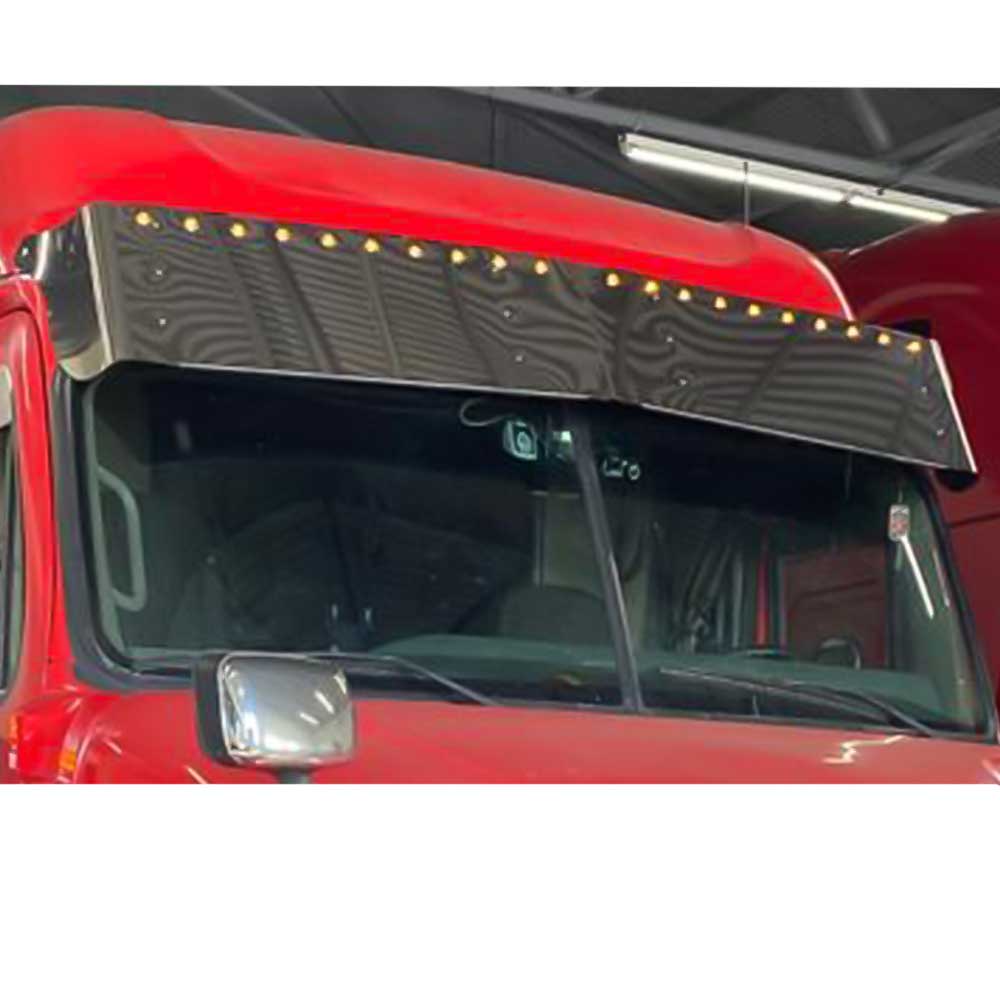 15" FL Cascadia 2007-2024 High and Low Mid Roof Stainless Drop Visor with Ten 3/4" Light Holes