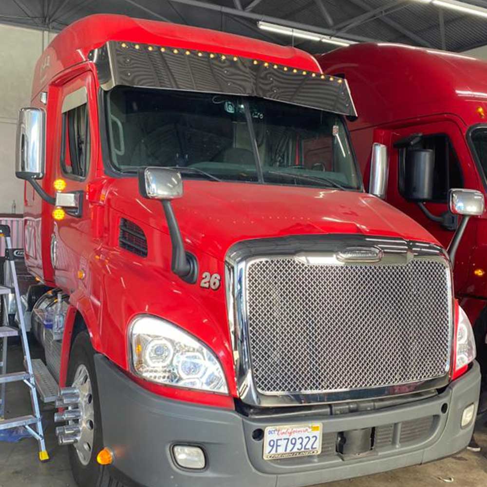 15" FL Cascadia 2007-2024 High and Low Mid Roof Stainless Drop Visor with Ten 3/4" Light Holes