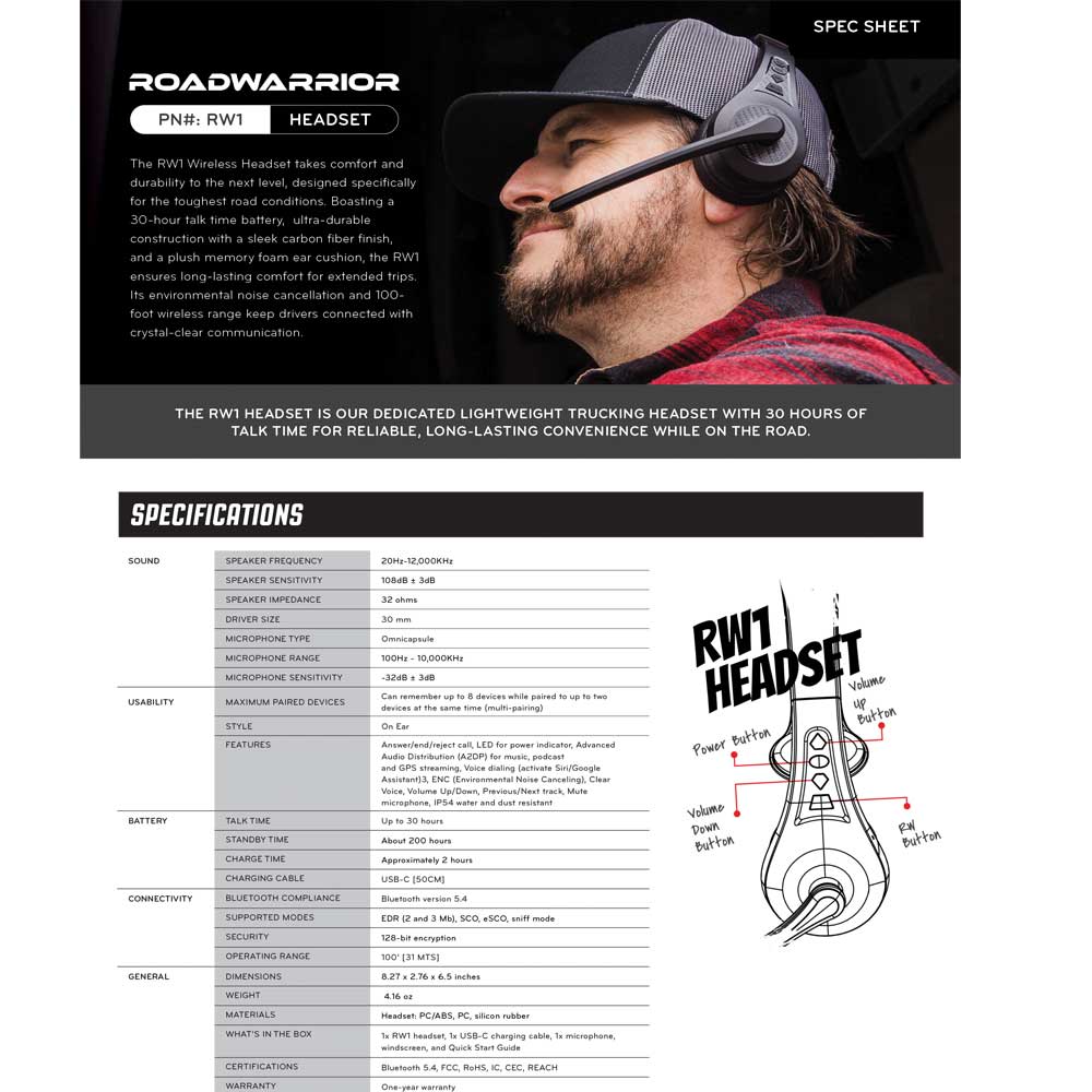 RoadWarrior RW1 Headset - Wireless Black