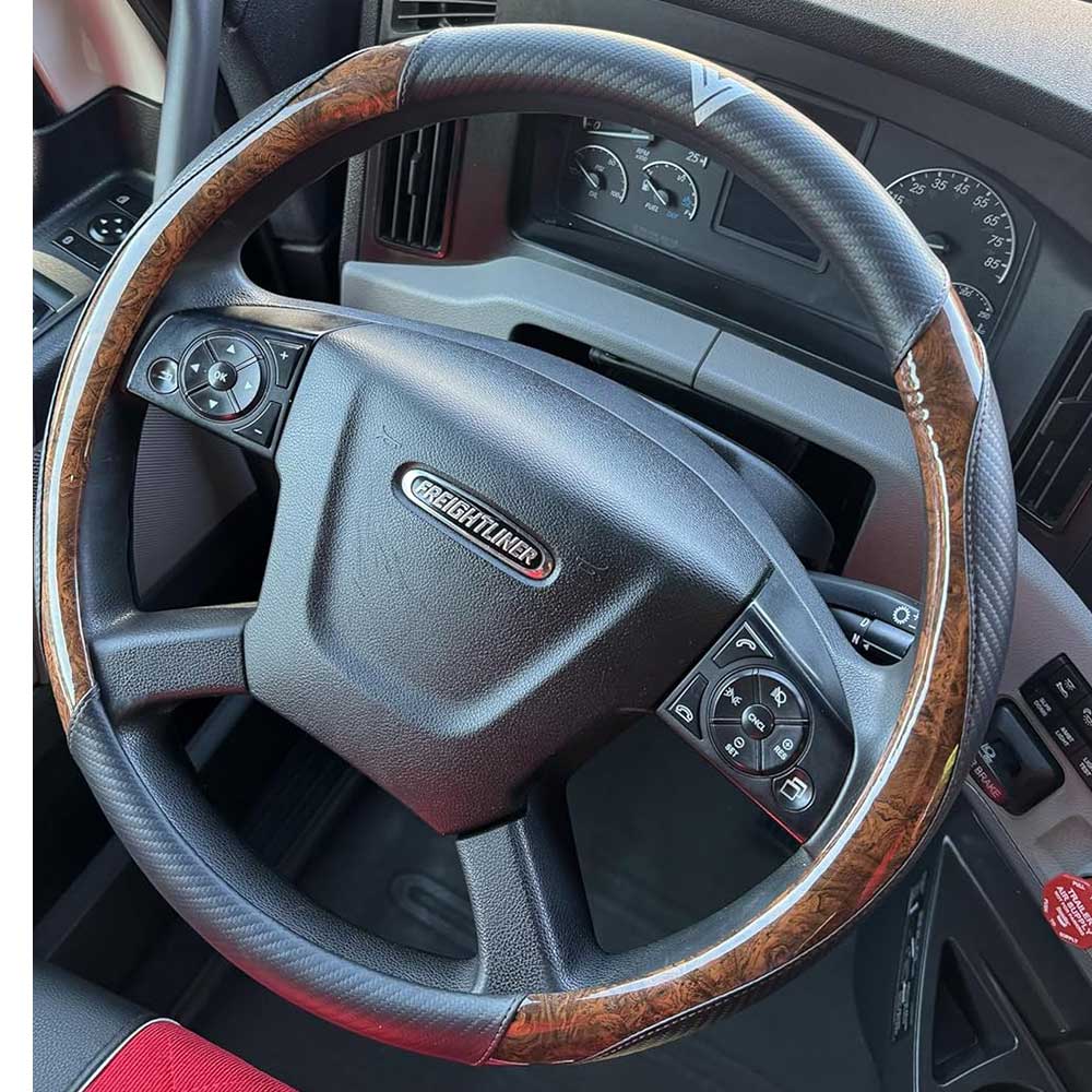 18" Black Faux Leather with Brown Wood Steering Wheel Cover