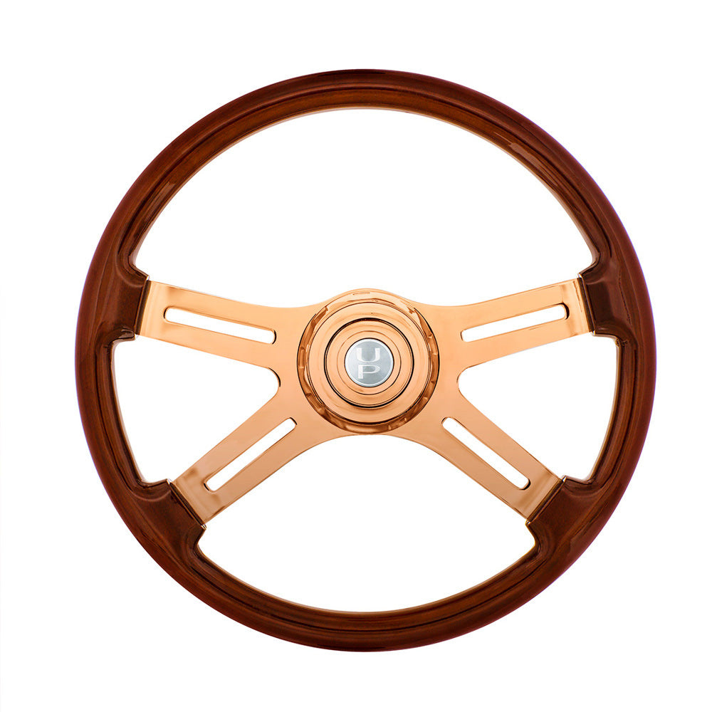 18" Wood Rim Rose Gold 4 Spoke Poly Rim Steering Wheel with Horn, Bezel