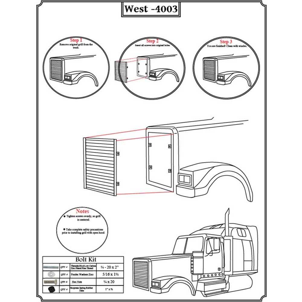 Western Star 4900EX Long Hoods 1997 - 2016 Stainless Grill with 21 Louvers