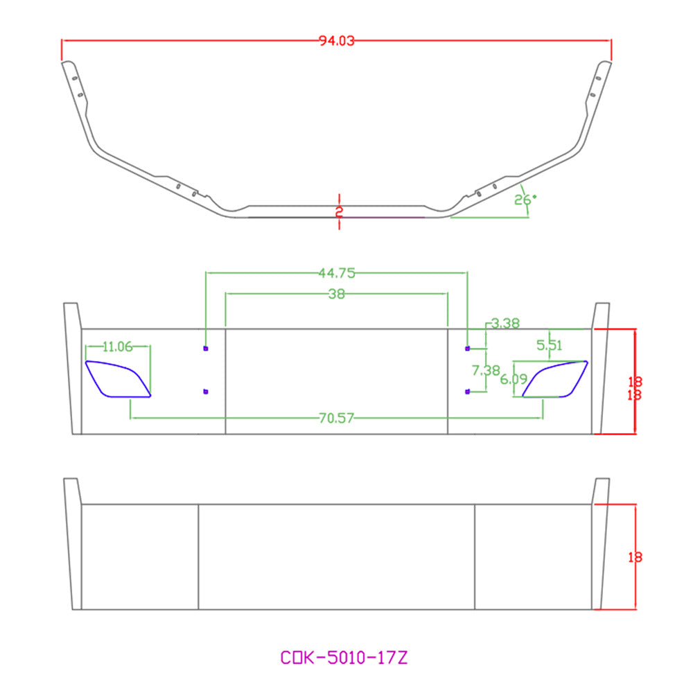 18" FL Cascadia SBA Chrome Bumper with Vent, Tow, Radar and Fog