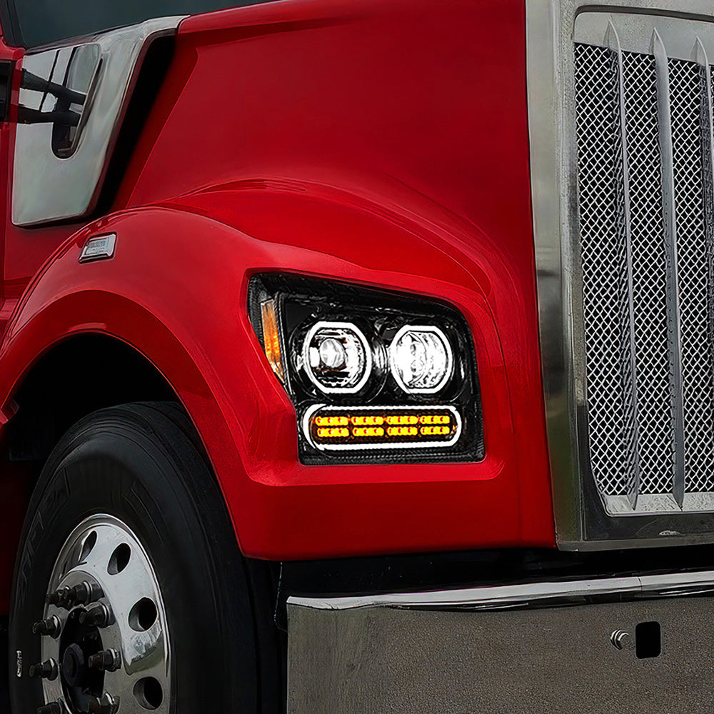 Kenworth W990 Black High Power LED Turn, LED Halo Light Headlight