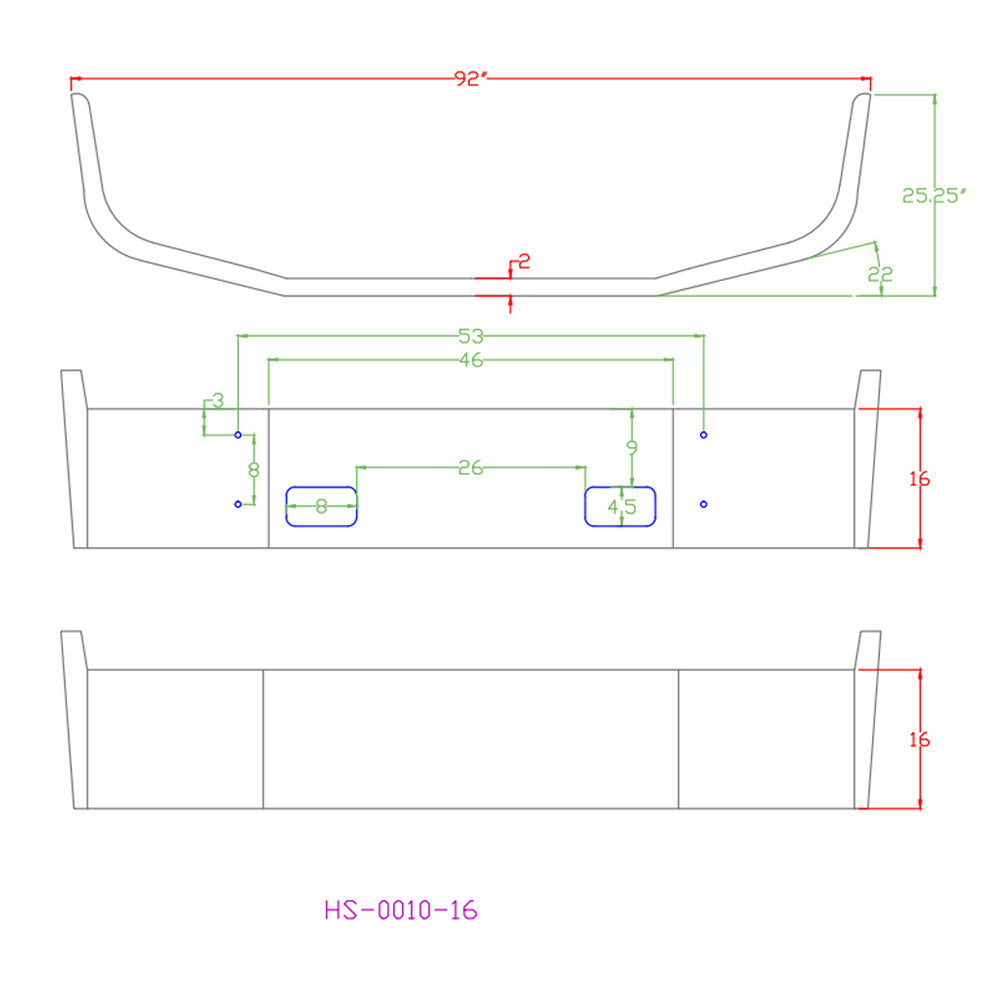 16" Peterbilt 387 SBA 2002-2010 Chrome Bumper with Tow Pin Holes