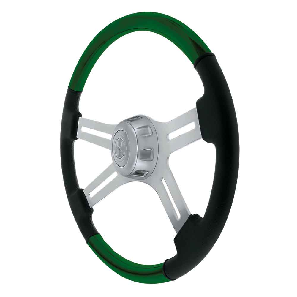 18" Emerald Green Leather & Wood 4 Spoke Steering Wheel with Chrome Horn Bezel