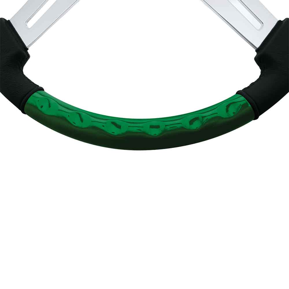 18" Emerald Green Leather & Wood 4 Spoke Steering Wheel with Chrome Horn Bezel
