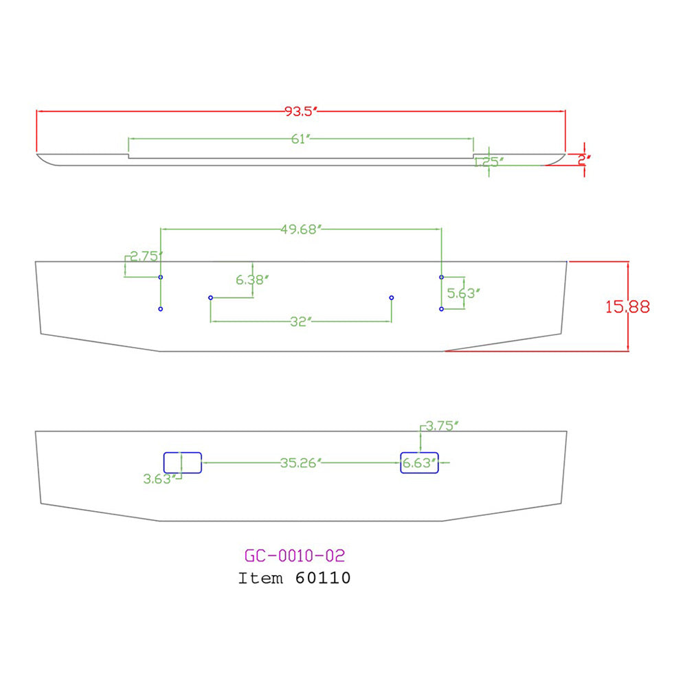 16" Tapered Chrome Bumper for Mack R-600 & R-700