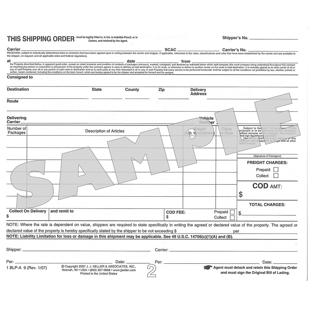 Straight Bill Of Lading Short Form