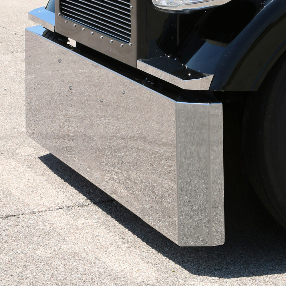 Peterbilt 389, 388, 567 Set Forward Axle 18" Stainless Steel Switchback End Bumper with ¾" Under Glow Light Cutouts