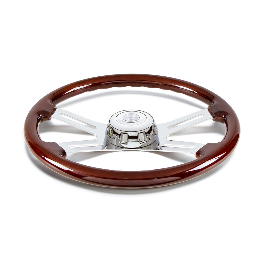 18" Polished Wood 4-Spoke Steering Wheel with Chrome Horn Bezel and Button