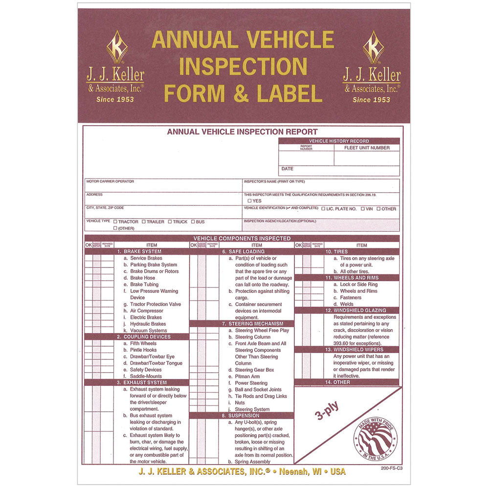 Annual Vehicle Inspection Form & Label Carbon Copy