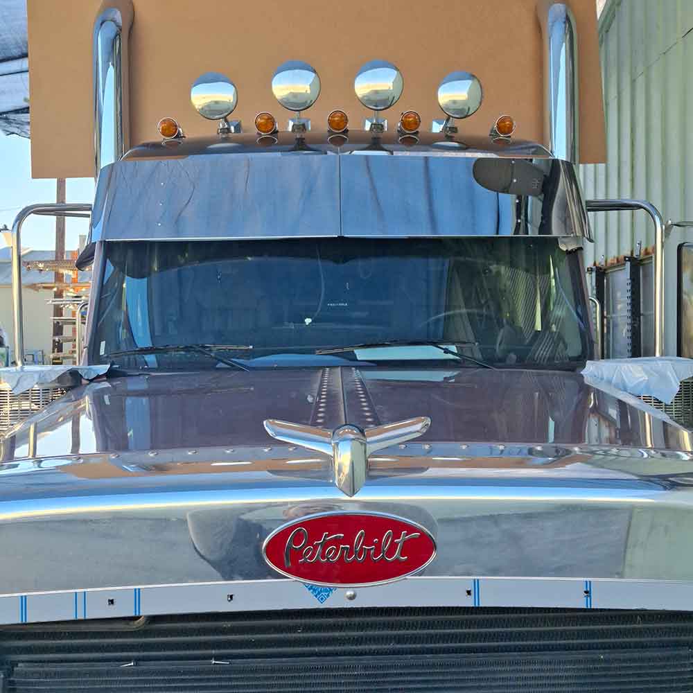 15" Peterbilt 589 Stainless Steel Drop Visor for Mid & High Roofs