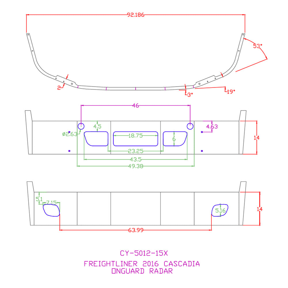 14" FL Cascadia SBA Chrome Bumper with Fog, Tow, Vent and Radar Cutouts
