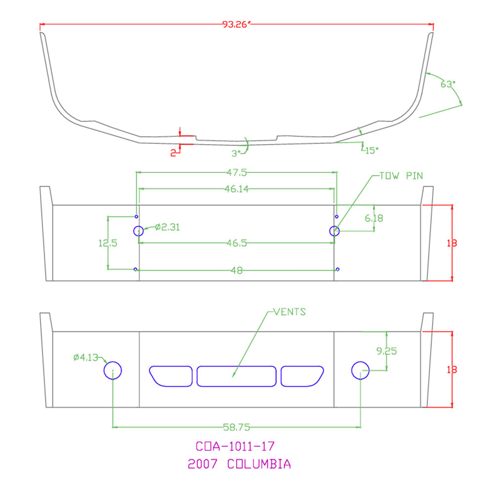 Freightliner Columbia SBA 18" Chrome Bumper 2008 and Newer with Light, Tow, and Vent Cutouts