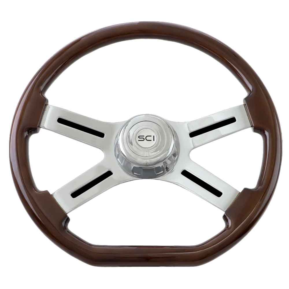 18" D-Lux Mahogany 4 Spoke Steering Wheel with Chrome Horn and Bezel