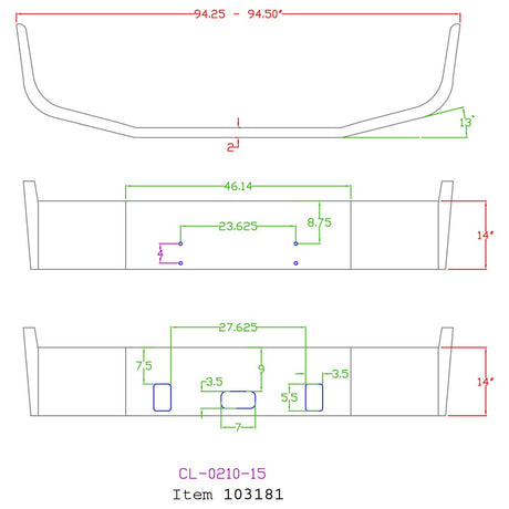 14" Chrome bumper for Freightliner Century setback axle 1996-2004, close-up
