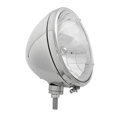 Close-up of 9-1/2" Stainless headlight housing with 9007 bulb