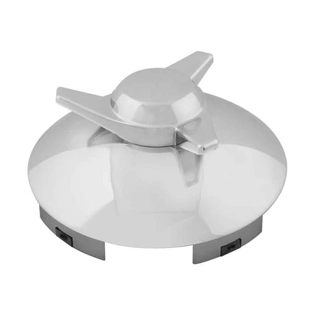 Chrome left spinner front hubcap 1" lip, close-up