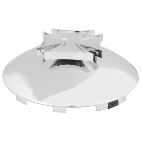 Universal chrome maltese cross front hubcap, close-up