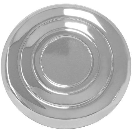 Chrome steering wheel horn button, close-up