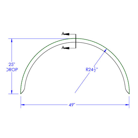 78 1/2" Aluminum half circle single axle fender, close-up