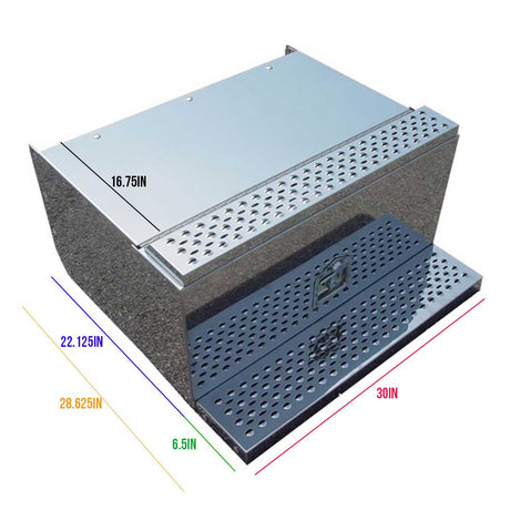 Close-up of Peterbilt 30"L stainless cab entry tool box