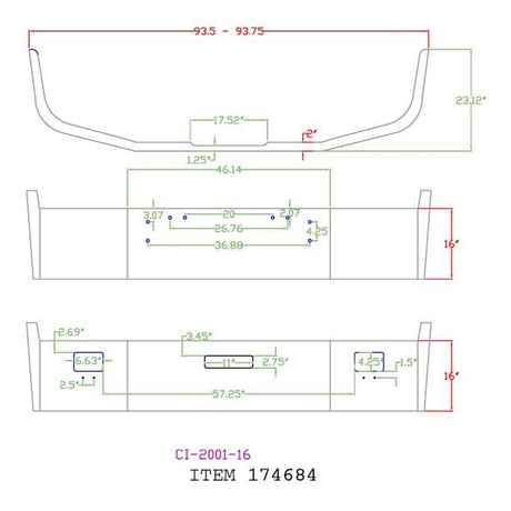 Freightliner FLD 120 16" set back chrome bumper, close-up
