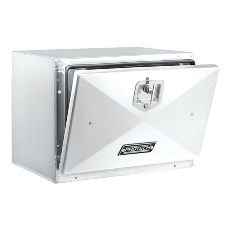 24"L X 18"H x 18"D aluminum box with single door, close-up