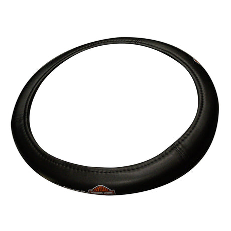 Harley-Davidson black steering wheel cover, close-up