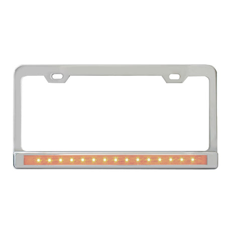 Stainless 2-Hole license plate frame with 12" light bar, close-up