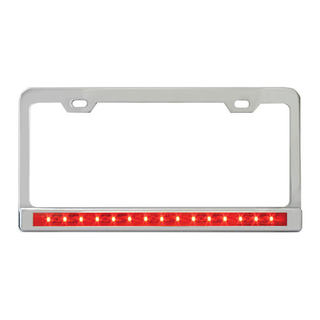 Closer view of stainless 2-Hole license plate frame with 12" light bar