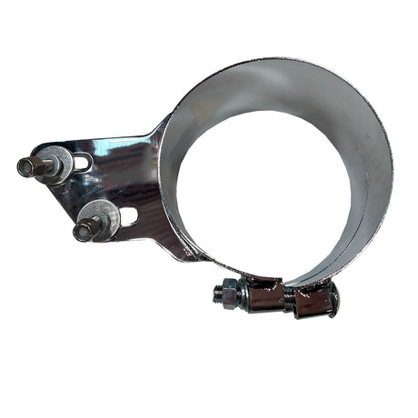 Close-up of Peterbilt 359, 379 chrome 6" angle bracket clamp