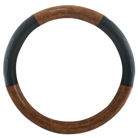 Wood grain steering wheel cover black grips 18", close-up