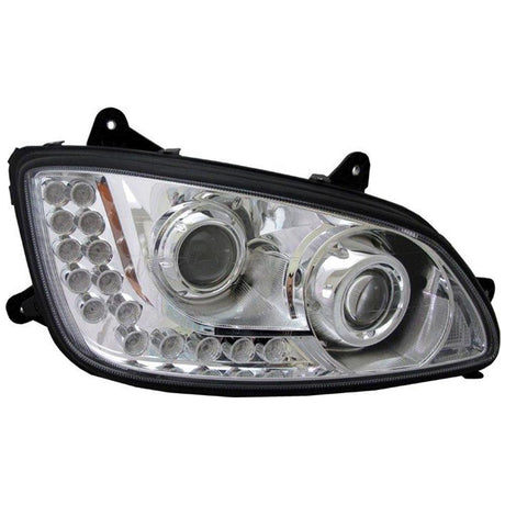 Close-up of Kenworth T660 projector and LED headlights