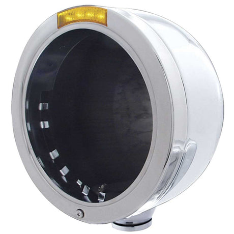 PB half moon headlight housing with amber LED, close-up