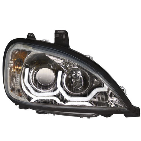 Close-up of Freightliner Columbia projection headlight with LED