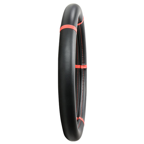 Black with red trim steering wheel cover 18", close-up