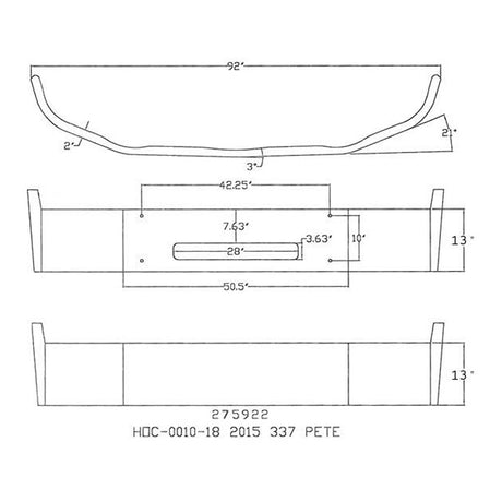 Close-up of Peterbilt 337 13" set forward chrome bumper