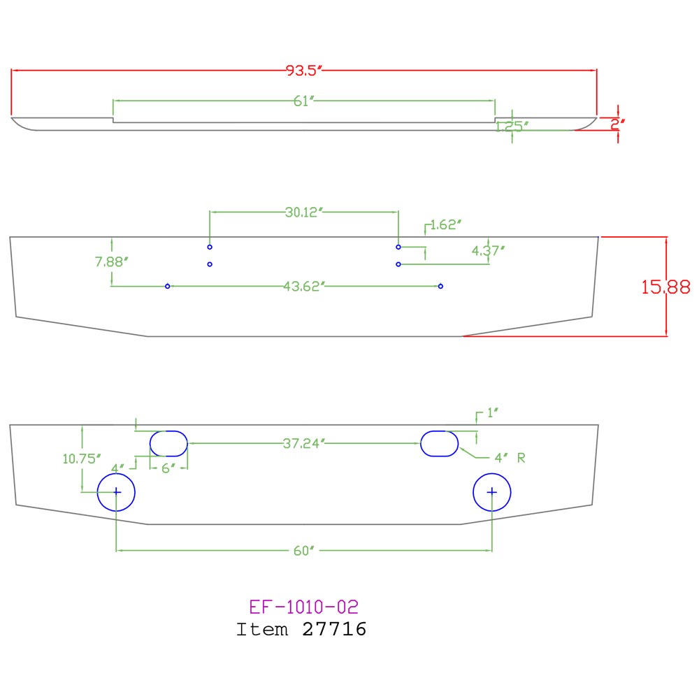 International 2200, 2500 16" Tapered Chrome Bumper