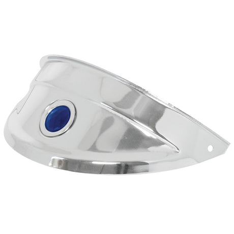 7" Chrome headlight visor with blue Dot, close-up