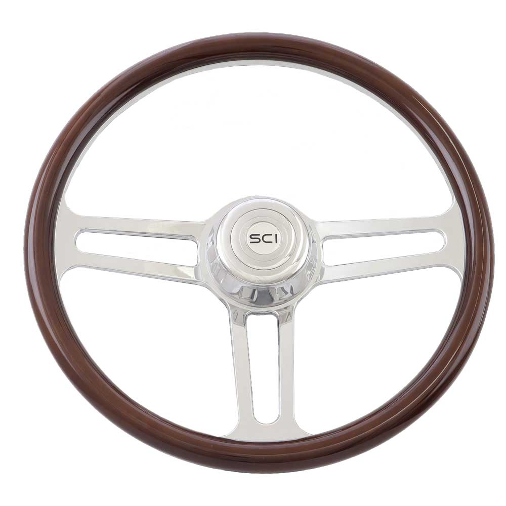 18" Speed Racer Wood, Billet Chrome Aluminum 3 Spoke Wheel with Bezel, Horn