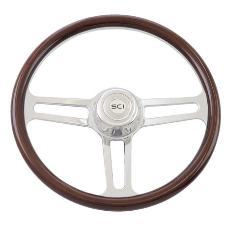18" Speed racer wood, billet chrome aluminum 3 spoke wheel with bezel, horn