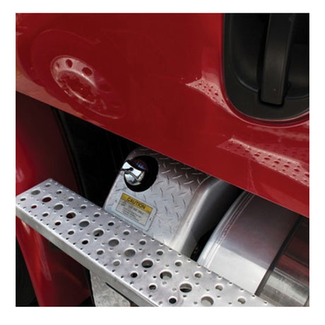 Freightliner chrome plastic DEF cap cover, close-up